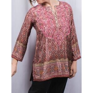 Dolma Womens Burgundy Geometric Embroidered Silk Tunic Top Medium
